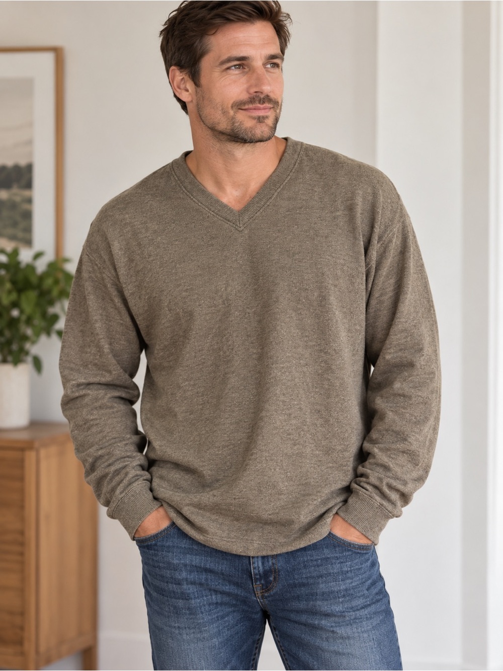 NWT Naturalife Men’s Large 100% Cotton V-Neck Sweater Brown Taupe